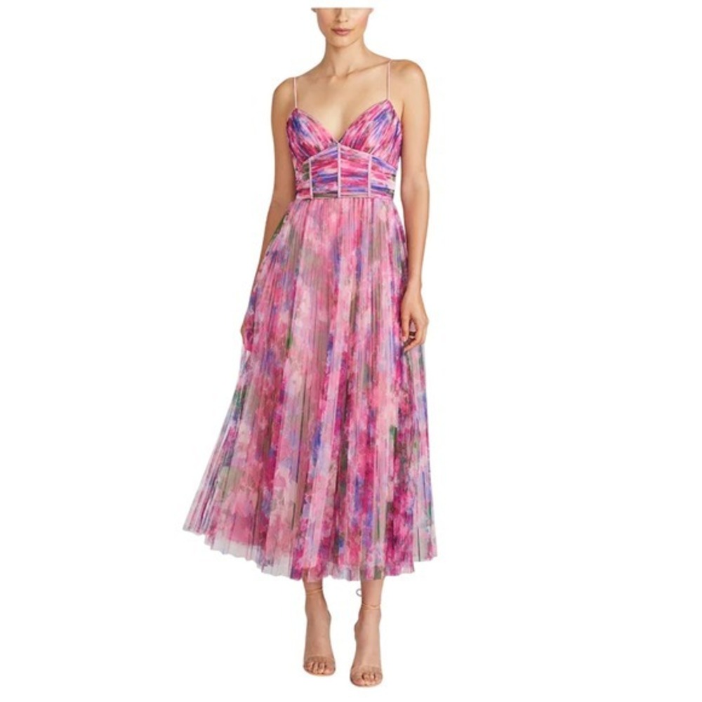 ML Monique Lhuillier Floral Print Pleated Midi Dress Women's Size 8 Garden Party